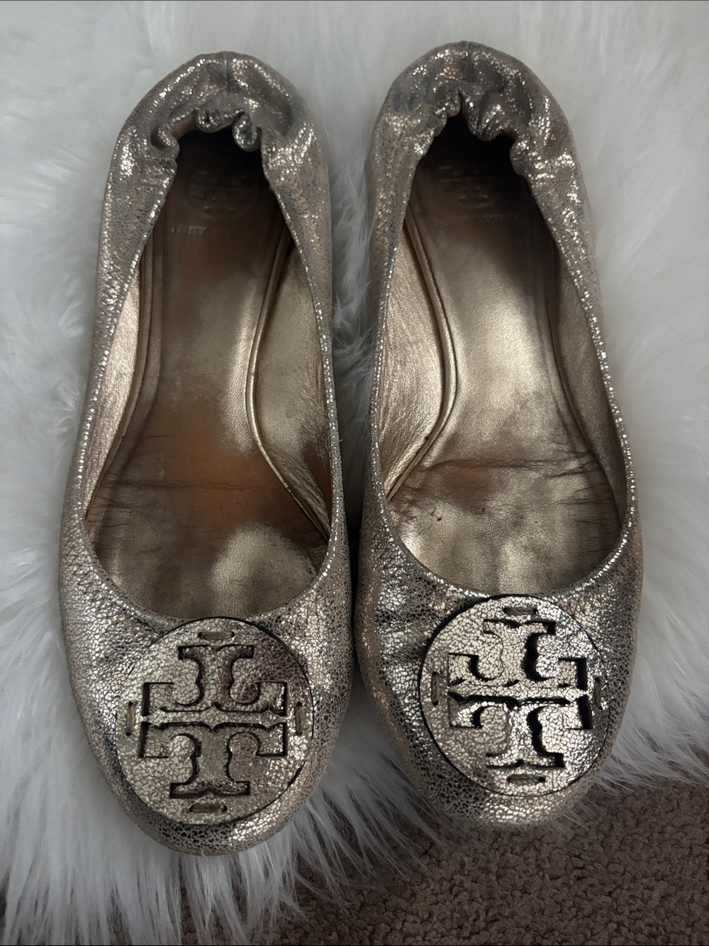 Tory Burch Rose Gold Metallic Logo Ballet Flats